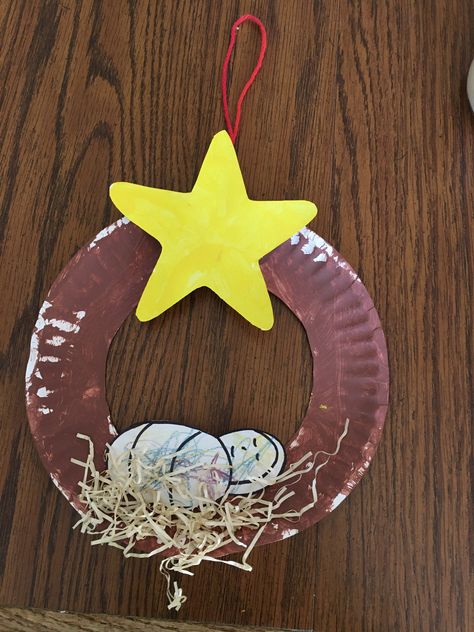 Baby Jesus Paper Plate Craft, Baby Jesus Ornament Preschool, Sunday School Crafts For Christmas, Easy Christmas Crafts For Kids At Church, Nativity Crafts Preschool, Jesus Birth Craft Preschool, Preschool Jesus Christmas Crafts, Christian Preschool Christmas Crafts, Manger Craft Preschool