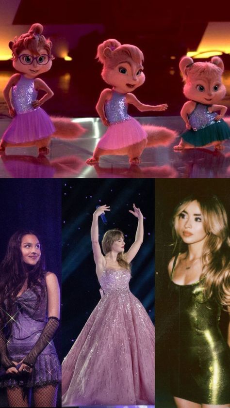 Taylor swift, olivia rodrigo, sabrina carpenter, artists, purple aestethic, pink aestethic, green aestethic, swiftie, livies, the chipettes, the chipettes, alvin and the chipmunks, eras tour, Green Aestethic, Pink Aestethic, Taylor Swift Olivia Rodrigo, The Golden Trio, The Chipettes, Singer Costumes, Olivia + Core + Aesthetic, Trio Halloween Costumes, Paw Patrol Characters