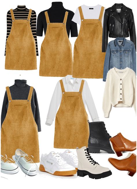 Beige Pinafore Dress Outfit, Corduroy Pinafore Dress Outfit, Brown Jumper Dress Outfit, Brown Pinafore Dress Outfit, Skirt Dungarees Outfit, Dungaree Skirt Outfit, Jardinera Outfit, Dungarees Outfit Women, Overalls Skirt Outfit