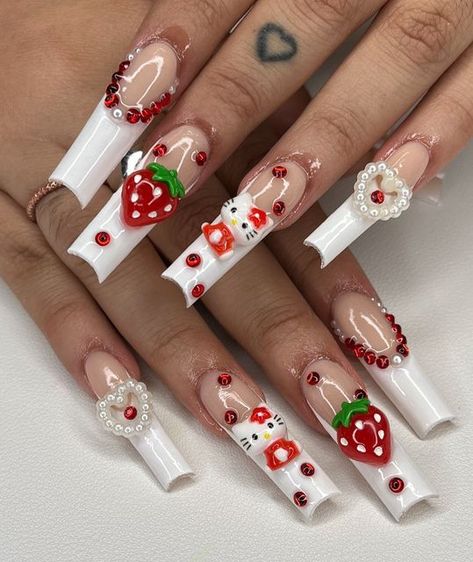 Strawberry Nail Art, Strawberry Nails, Texas Nails, Fruit Nail Art, Fake Nails Long, Summer Manicure, Hello Kitty Nails, Patches Fashion, Cat Nails