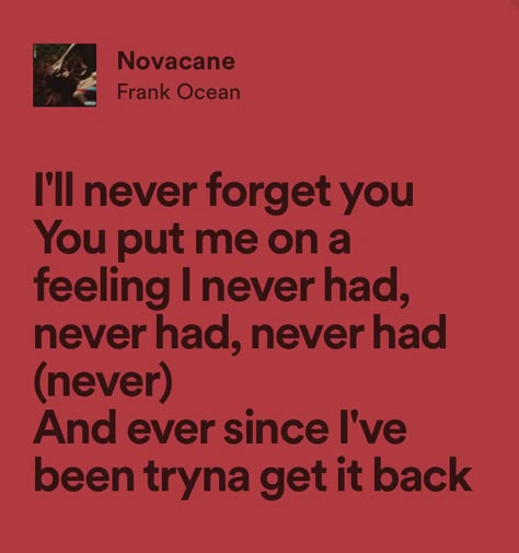 Novacane Lyrics, Novacane Frank Ocean, Frank Ocean Lyrics, Ill Never Forget You, Wall Aesthetic, Meaningful Lyrics, Poster Ideas, Cool Lyrics, Breakup Quotes