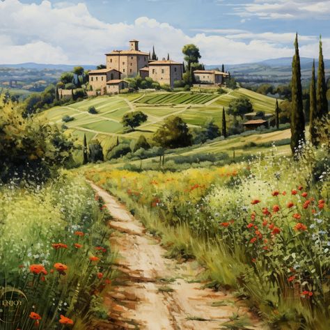 Italy Landscape Painting, Toscana Italy, Italy Wall Art, Italy Landscape, Italian Village, Umbria Italy, Cypress Trees, 수채화 그림, Painting Wall Art