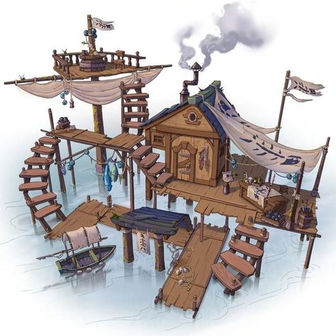 Fishing House Concept Art, Fisherman Village Concept, Pirate Building Concept Art, Pirate Village Concept Art, Fishing Hut Concept Art, Beach House Concept Art, Pirate Island Concept Art, Fishing Village Concept Art, Pirate Ship House