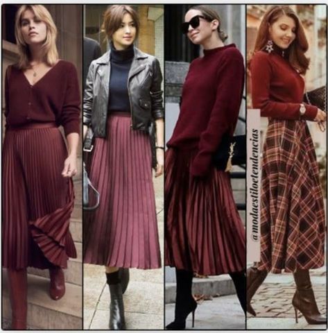 Burgundy Long Skirt Outfit, Burgundy Pleated Skirt Outfits, Midi Skirt Fall Outfit, Burgundy Skirt Outfit, Pleated Skirt Outfits, Bordeaux Dress, Looks Kate Middleton, Skirt Outfits Fall, Burgundy Skirt