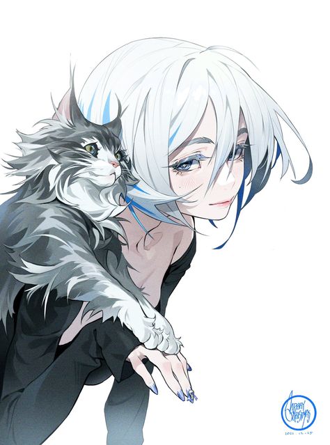 Arte Inspo, Digital Illustrations, 영감을 주는 캐릭터, White Hair, Art Reference Poses, White Cat, Pretty Art, 그림 그리기, Character Design Inspiration