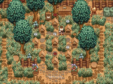 Stardew Valley Design, Stardew Tips, Gentle Aesthetic, Stardew Farm, Cottagecore Farm, Stardew Farms, Stardew Valley Layout, Honey Farm, Stardew Valley Farms