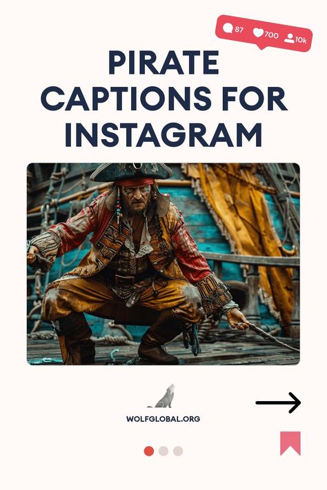 An intense pirate crouching on a ship deck with Instagram engagement icons and text overlay.
A list of pirate-themed phrases with checkmarks and cute icons, for a social post.
Advertisement featuring a joyful woman with a laptop promoting a free Instagram engagement service from WolfGlobal.org. Pirate Captions Instagram, Pirate Instagram Captions, Pirate Captions, Pirates Of The Caribbean Quotes, Pirate Quotes, Halloween Captions, Walk The Plank, Pirate Halloween Costumes, Walking The Plank