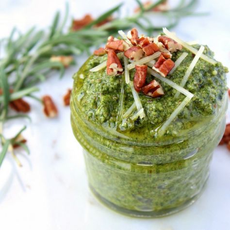 Rosemary Basil Pecan Pesto Rosemary Pesto Recipe, Pecan Pesto, Pesto Dishes, Relish Sauce, Lentil Nutrition Facts, Watermelon Nutrition Facts, Cuisinart Food Processor, Healthy Eating Guidelines, Nutrition Certification