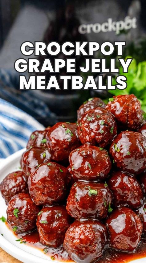 Quick and easy Crockpot Grape Jelly Meatballs recipe with just 3 ingredients. Perfect for parties and family meals. Loved by all ages! Grape Meatballs, Crockpot Grape Jelly Meatballs, Jelly Meatballs Crockpot, Bbq Meatballs Crockpot, Bbq Grape Jelly Meatballs, Crock Pot Inspired Meatball Recipes, Jelly Meatball Recipe, Bbq Meatball Recipe, Grape Jelly Meatballs Recipe