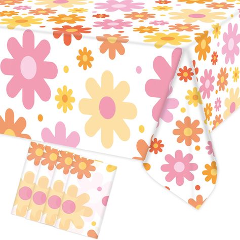 PRICES MAY VARY. Suitable Size for Party: you will receive 4 pieces groovy boho daisy flowers tablecloths; and it measures about 54 x 108 Inch; suitable for rectangle table, great increase the party atmosphere. Durable Material: our groovy daisy tablecloth are made of high quality PE material; durable and lightweight; not easy to tear; with a smooth touch, this disposable plastic table covers can protect your table from scratch and have a effect of waterproof and oil-proof. Elegant Groovy Daisie Groovy Daisy, Rainbow Party Decorations, Easter Event, Estilo Hippy, Fleur Design, Tea Party Decorations, Boho Birthday, Plastic Table Covers, Hippie Flowers