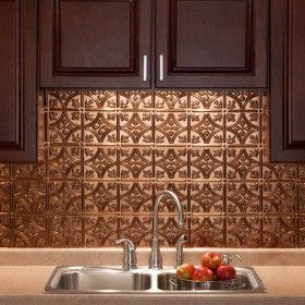 Decorative Vinyl Backsplash Designs at DIY Decor Store Bronze Roof, Bronze Backsplash, Primitive Kitchen Backsplash, Primitive Kitchen Cabinets, Tin Backsplash Kitchen, Kitchen Backsplash Panels, Rubbed Bronze Kitchen, Vinyl Wall Panels, Vinyl Backsplash