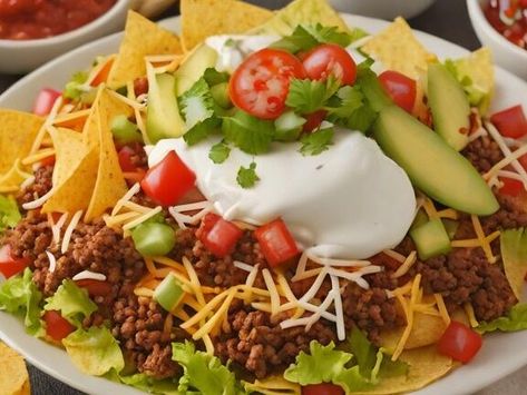 Satisfy Your Cravings with a Flavor-Packed Taco Salad Supreme Recipe - NewsBreak Beef Fajita Soup Recipe, Salad Supreme Recipe, Spicy Chicken Wrap, Salad Supreme, Baked Tacos Recipe, Leftover Chili, Green Tomato Recipes, Arugula Salad Recipes, Vegetarian Chili Recipe