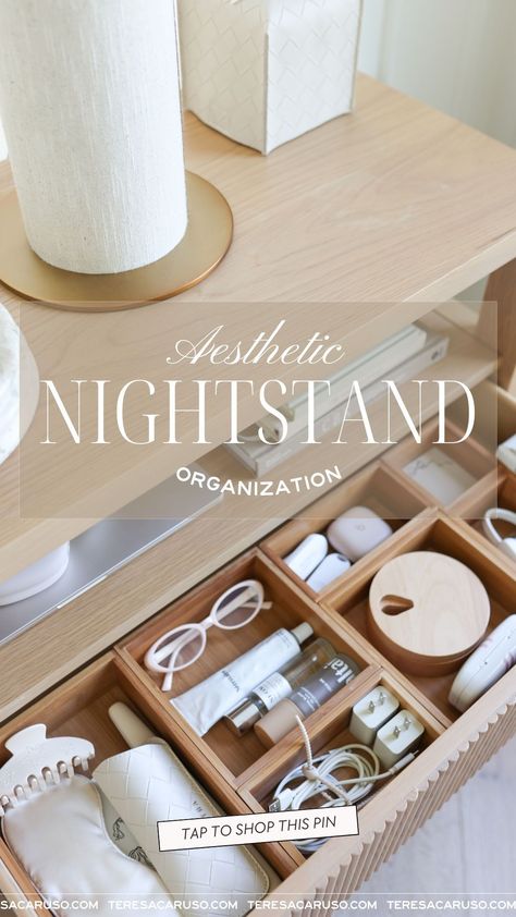 Need to organize your nightstand? These are some of my favorite drawer organizers! If you want an organized nightstand, tap to shop these picks on my LTK and be sure to look around for more home organization favorites! Side Table Drawer Organization, Small Drawer Ideas, Top Of Nightstand Organization, Bed Side Table Drawer Organization, What To Store In Nightstand Drawers, Organized Nightstand Drawer, Nightstand Cord Organization, Nightstand Drawer Organization, Aesthetic Nightstand