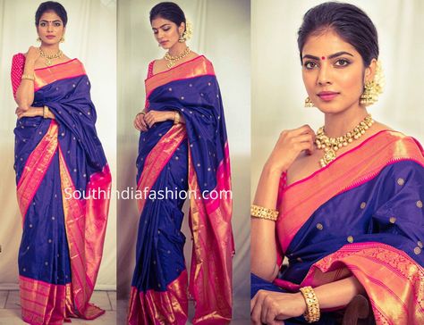 Royal Blue Kanchipuram Saree, Royal Blue Combination Dress, Blue Kanjivaram Saree Silk, Blue And Pink Saree, Royal Blue Silk Saree, Green Kanjeevaram Saree, Blue And Pink Combination, Sari Pose, Gajra Bun