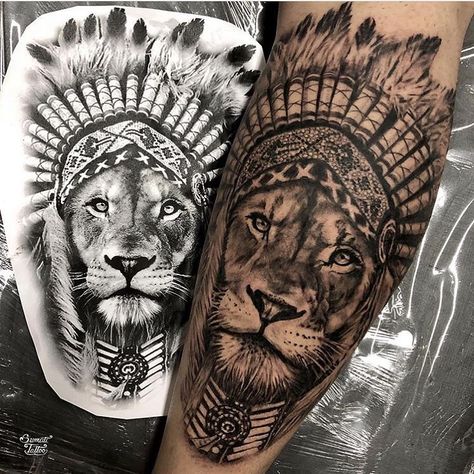 Headdress Tattoo, Mens Lion Tattoo, Tattoo Girls, Lion Tattoo Sleeves, Native American Tattoos, Lion Head Tattoos, Native Tattoos, Leo Tattoos, Lion Tattoo Design