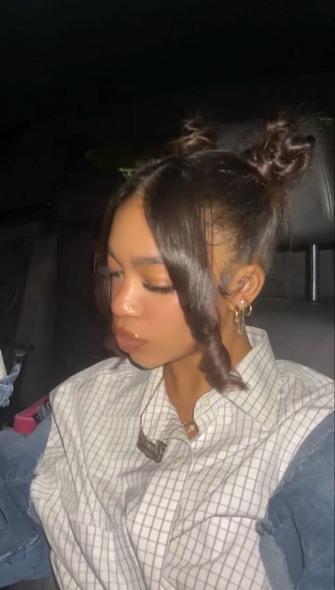 Two Space Buns With Weave, Too Messy Bun, Two Buns Hairstyles For Black Women, Buns With Bangs For Black Women, 2 Space Buns With Bangs, Space Buns With Bangs Black Women, Two Curls In Front With Bun, Space Buns With Side Part, Space Buns And Bangs