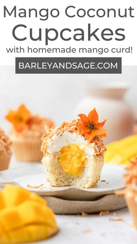 Mango Coconut Cake, Coconut Cupcake Recipes, Coconut Cupcake, Mango Curd, Coconut Buttercream, Passionfruit Recipes, Tropical Desserts, Mango Dessert Recipes, Decadent Food