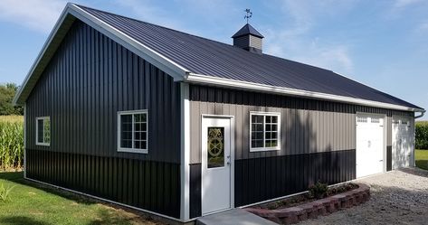 Gray Classic Toy Storage Building - Worldwide Steel Buildings Gray And Black Metal Building, Steel Building Colors, Black And White Metal Building, Metal Barn Colors Scheme Exterior, Gray Metal Building, Gray Barndominium Exterior, Pole Barn Colors Scheme, Barn Colors Scheme Exterior, Barndo Colors