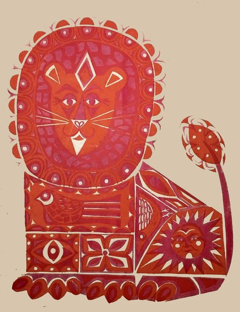 Folk Art Lion, Vintage Lion Illustration, Mcm Pattern, Lion Mural, Silkscreen Art, Lithography Prints, Woodcut Art, Lion Cat, Lion Illustration