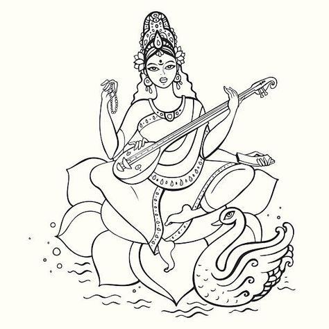 Saraswati Drawing, Hindu Goddess Saraswati, Genius Movie, Maa Saraswati, Goddess Saraswati, Coloring Pages Inspirational, Hindu Goddess, Adult Coloring Designs, Free Art Prints