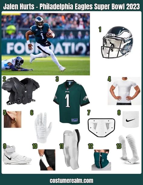 How To Dress Like Jalen Hurts Guide For Cosplay & Halloween Football Costume, Football Dress, Authentic Costumes, Philadelphia Eagles Super Bowl, Costume Guide, Eagles Super Bowl, Football Pants, Football Gloves, Jalen Hurts