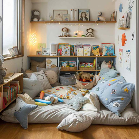 27 Playful Retreats: Providing Safe Havens for Children’s Playtime Play Space In Living Room, Kids Corner In Living Room, Room For Two Boys, Playroom Ideas Small Space, Toddler Room Design, Colourful Playroom, Baby Play Area, Toddler Bedroom Playroom, Toddler Room Ideas