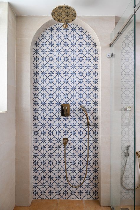 These adjoining Bengaluru homes are a masterful play of colour and patterns | Architectural Digest India Moorish Tiles Bathroom, Portuguese Inspired Decor, Spanish Moroccan Bathroom, Morocco Bathroom Design, Spanish Townhouse, Moroccan Bathroom Ideas, Mediterran House, Bathroom Moroccan, Moroccan Style Bathroom