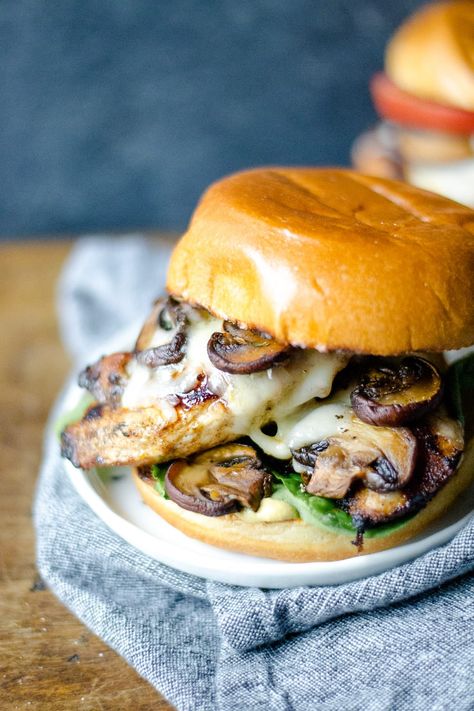 Spiced Grilled Chicken Sandwiches with Mushrooms and Swiss | Sarcastic Cooking Chicken Caesar Sandwich, Mushroom Sandwich, Chicken Mushrooms, Chicken Mushroom Recipes, Creamy Cucumber Salad, Mushroom Burger, Chicken Mushroom, Chicken Sandwiches, Chicken Satay