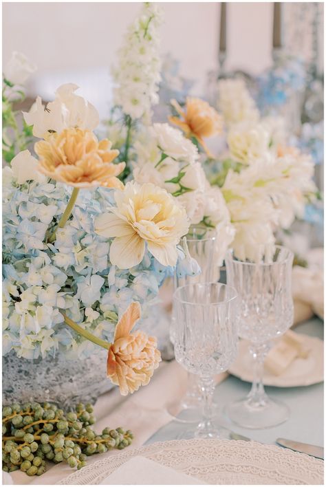 French Destination Wedding - jeanettemerstrand.com French Provincial Wedding Decor, Blue And Yellow Flower Arrangements Wedding Ideas, Sunshine Wedding Theme, Blue Yellow Wedding Decor, Spring Wedding Colors Schemes Blue, Baby Blue And Yellow Wedding, Dusty Blue Color Palette, French Vintage Wedding, Blue Garden Wedding