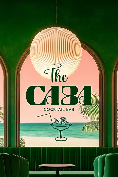 Step into The Caba Cocktail Bar, where tropical vibes meet vintage elegance in a branding experience crafted by Fivestar Branding. The lush green and sunset pink palette transports you to a luxurious paradise, while the retro-inspired logo adds a touch of classic charm. Sip, relax, and let The Caba take you on a journey. #CocktailBarBranding #RestaurantBranding #LogoDesign #Typography #IdentityDesign #BarDesign #TypeBasedLogo Retro Tropical Aesthetic, Pink Green Branding, Vintage Luxury Aesthetic, Tropical Bars, Beach Bar Design Ideas, Bar Branding Design, Cocktail Branding, Tropical Branding, Paradise Bar