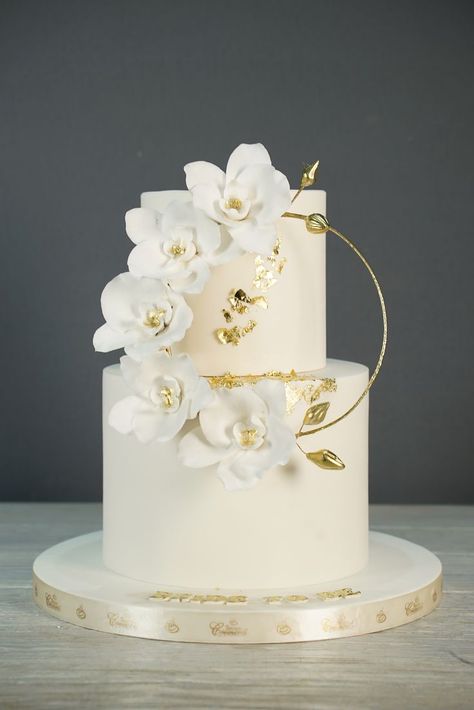 Cakes With Orchids, Flower Wedding Cake Ideas, Simple Flower Wedding, Gold Anniversary Cake, Golden Wedding Anniversary Cake, Orchid Wedding Cake, Wedding Cake Simple Elegant, White And Gold Wedding Cake, 2 Tier Wedding Cakes