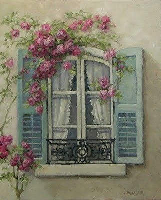 Green Shutters, 수채화 그림, Rose Painting, Decoupage Paper, 그림 그리기, Shutters, Beautiful Paintings, Painting Inspiration, Decorative Painting