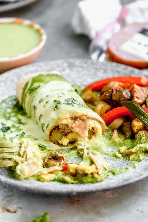 Green Chile Breakfast Burrito Recipe Green Chili Breakfast, Green Chile Breakfast, Chili Breakfast, Poblano Cream Sauce, Breakfast Burrito Recipe, New Mexico Green Chile, Burrito Recipe, Breakfast Burritos Recipe, Favorite Breakfast Recipes