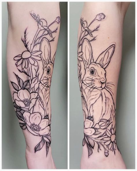 Rabbit Floral Tattoo, Rabbit Forearm Tattoo, Bunny Sleeve Tattoo, Woodland Floral Tattoo, Wild Rabbit Tattoo, Bunny Flower Tattoo, Wildlife Tattoo Sleeve, Floral Animal Tattoo, Fertility Tattoo