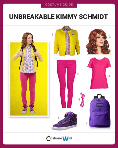 The best costume guide for dressing like Kimmy Schmidt, the positively naive girl that adjusts to NYC life in Unbreakable Kimmy Schmidt. Kimmy Schmidt Outfits, Got Costumes, Costume Guide, Best Costume, Kimmy Schmidt, Unbreakable Kimmy Schmidt, Purple Backpack, Nyc Life, Casual Cosplay