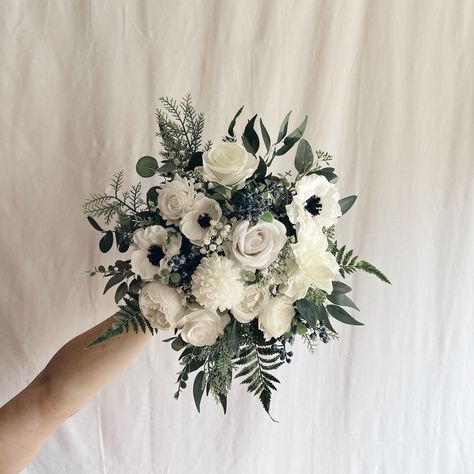 Faux Bridal Bouquet With White Flowers and Anemones - Etsy White Anemone Wedding Bouquet, White Boquetes Of Flowers Wedding, Bouquet White And Green, Faux Bridal Bouquet, Bridal Bouquet Green, Dahlia Bridal Bouquet, Classy Weddings, White And Green Bouquet, Rustic Bridal Bouquet