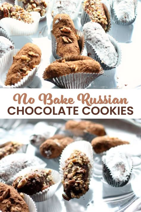 This delicious chocolate no bake cookie recipe is what my childhood dessert dreams are made of. These Russian no bake cookies are sweet and melt in your mouth like all good chocolate should.  The best part, this delicious dessert recipe takes less then 10 minutes to make! Fill everyone’s heart’s with happiness and pure joy from these Russian cookies! #russianrecipes #russiandessert #cookies #nobakerecipes #chocolatecookies Russian Dessert Recipes, No Bake Cookie Recipe, Russian Cookies, Russian Chocolate, European Cakes, Chocolate No Bake, Chocolate No Bake Cookies, Russian Desserts, No Bake Cookie