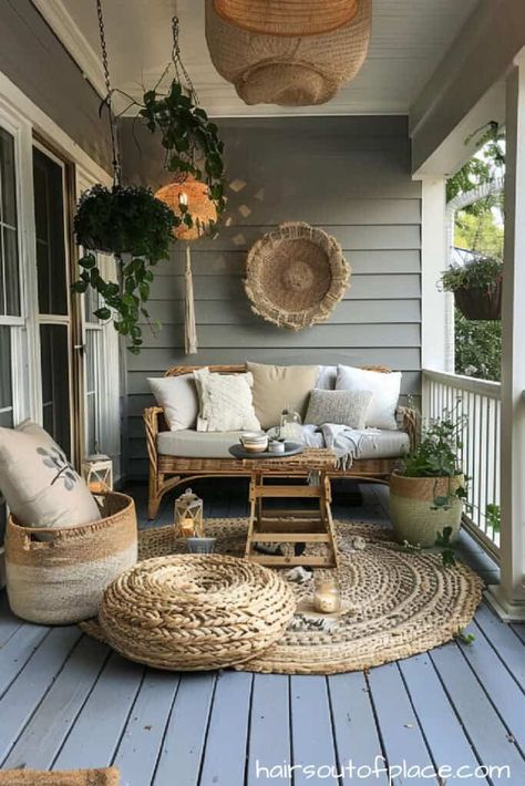 Small Porch Bench, Outdoor Accent Wall, Boho Front Porch, Cozy Front Porch Ideas, Swinging Bench, Small Back Porches, Textured Pillows, Small Porch Decorating, Small Front Porch Ideas