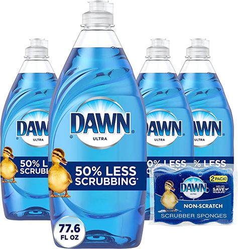 Dawn Ultra Dishwashing Liquid Dish Soap (4x19.4 Fl oz) + Non-Scratch Sponge (2 Count), Original Scent Homemade Couch, Dawn Platinum, Mole Repellent, Dawn Dishwashing Liquid, Cleaning Painted Walls, Dawn Dish Soap, Bathroom Smells, Liquid Dish Soap, Dishwasher Soap