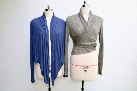 Free pattern: Wrap cardigan you can wear many ways Diy Shrug Long Sleeve, Easy Shrug Sewing Pattern, Simple Shrug Pattern Sew, Ballet Wrap Top Pattern, Ballet Wrap Sweater Pattern, Korean Blouse, Slouchy Cardigan, Cocoon Cardigan, Diy Jacket