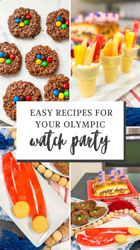 Are you looking for some Olympic party food recipes for your Olympic party? Well, you’ve come to the right place. 4 Olympic Party Foods to cheer on Team USA! From edible gold medals to fruit torches, there is something for everybody in this delicious recipe spread! Go for the gold with these surefire winners. Olympic Inspired Food, Olympic Themed Desserts, Olympic Party Food Ideas, Olympic Charcuterie Board, Olympic Theme Food, Olympic Food Ideas, Olympic Themed Snacks, Olympic Dinner, Olympic Cookies