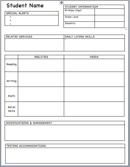 Student IEP Cheat Sheet. great idea for handy reference. Iep Meetings, Learning Support, Teacher Binder, Student Information, Special Education Resources, Class Management, School Psychology, Teacher Organization, Beginning Of School