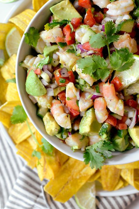 Easy Avocado & Shrimp Ceviche Ceviche Shrimp, Vegan Ceviche, Avocado Shrimp, Feast Of The Seven Fishes, Cook Shrimp, Seven Fishes, Shrimp Ceviche, Shrimp Avocado, Plantain Chips