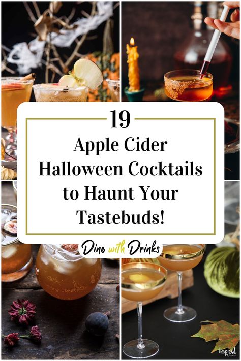 Collage of 4 apple cider halloween cocktails. Halloween Cider Cocktails, Apple Cider Halloween Drink, Halloween Apple Drinks Alcohol, Halloween Apple Cider Cocktail, Halloween Cocktails Apple Cider, Large Batch Party Cocktails Halloween, Apple Halloween Cocktail, Halloween Cocktails Recipes Apple Cider, Apple Cider Drinks Alcohol