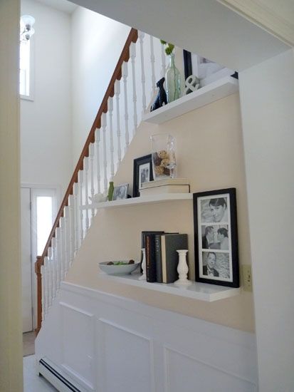 faux paneling and shelves...domestic adventure Shelves On Stairs Wall, Offset Shelves, Faux Paneling, Hallway Before And After, Stairway Decor, Hallway Shelf, Hallway Makeover, Front Hallway, Floating Shelves Bedroom