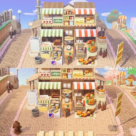 Acnh Kimono Shop, Acnh Design Codes Stall, Acnh Dessert Shop, Acnh Toy Store, Acnh Shops Idea, Animal Crossing Shop Ideas, Acnh Yellow, Acnh Market, Acnh Layout