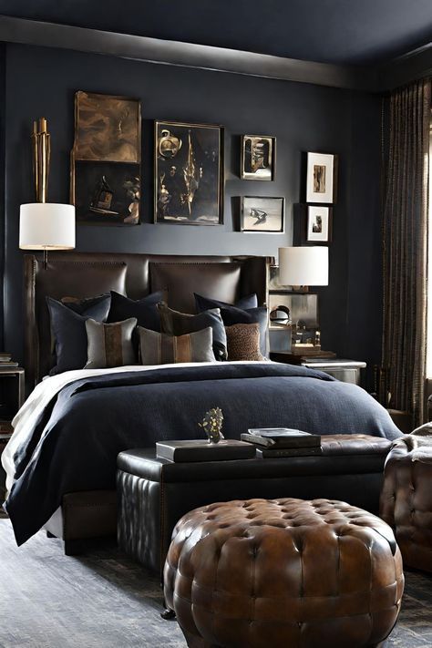 Bedroom Rich, Moody Bedrooms, Luxurious Master Bedrooms, Glamorous Bedroom, Male Bedroom Ideas, Moody Colors, Bedding Luxury, Masculine Interior, Moody Decor