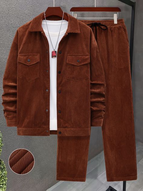 Men'S Casual 2pcs Corduroy Sweatsuit Set with Buttoned Long Sleeve Jacket and Drawstring Loose Pants, 100% Polyester Solid Color Lapel Collar Non-Stretch Woven Outfit for Fall/Winter https://share.temu.com/3MmCZkMBwZA via @shoptemu Corduroy Pants Outfit Mens, Outfit For Fall, Sweatsuit Set, Long Sleeve Jacket, Loose Pants, Sleeve Jacket, Mens Casual, Long Sleeves Jacket, Lapel Collar