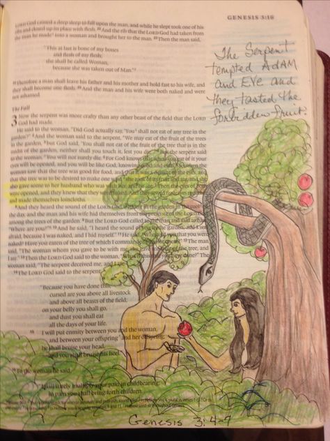 Adam And Eve Bible Journaling, Adam And Eve Drawing, Adam And Eve Bible, Bible Drawings, Romans 8 38-39, Inspire Bible, Bible Drawing, Creative Bible, Genesis 2