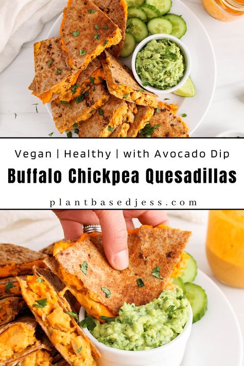 Buffalo Quesadilla, Chickpea Buffalo, Chickpea Quesadillas, Avocado Dipping Sauce, Vegan Quesadilla, Buffalo Chickpea, Vegan Summer Recipes, Meatless Dinner, Tasty Vegetarian Recipes